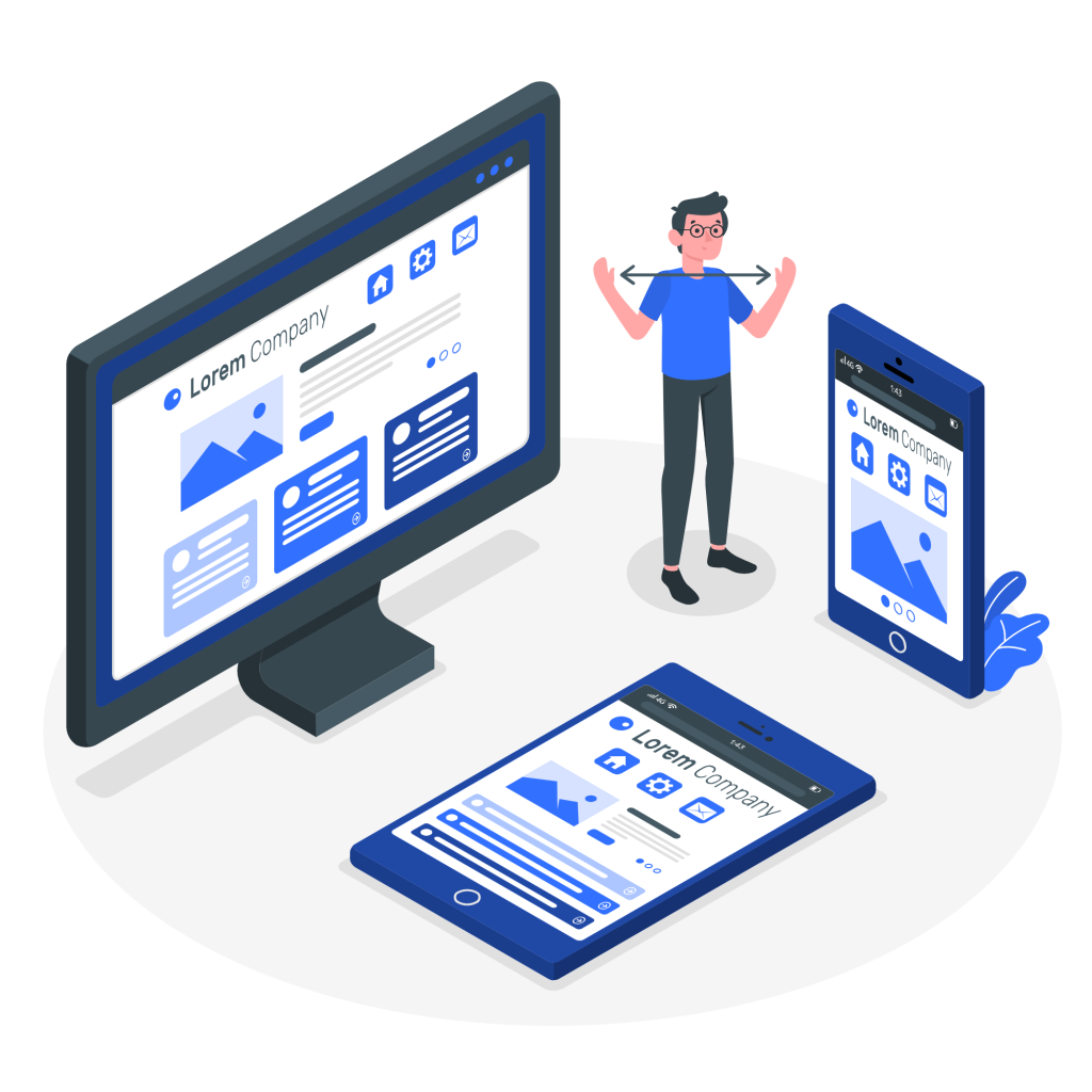 Responsive web design illustration showing website layout on desktop, tablet, and mobile devices
